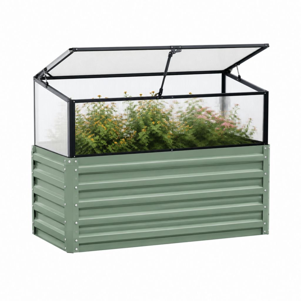 Hochbeet mit Frühbeetaufsatz Grün Schwarz Stahl Polycarbonat 120 x 60 x 120 cm