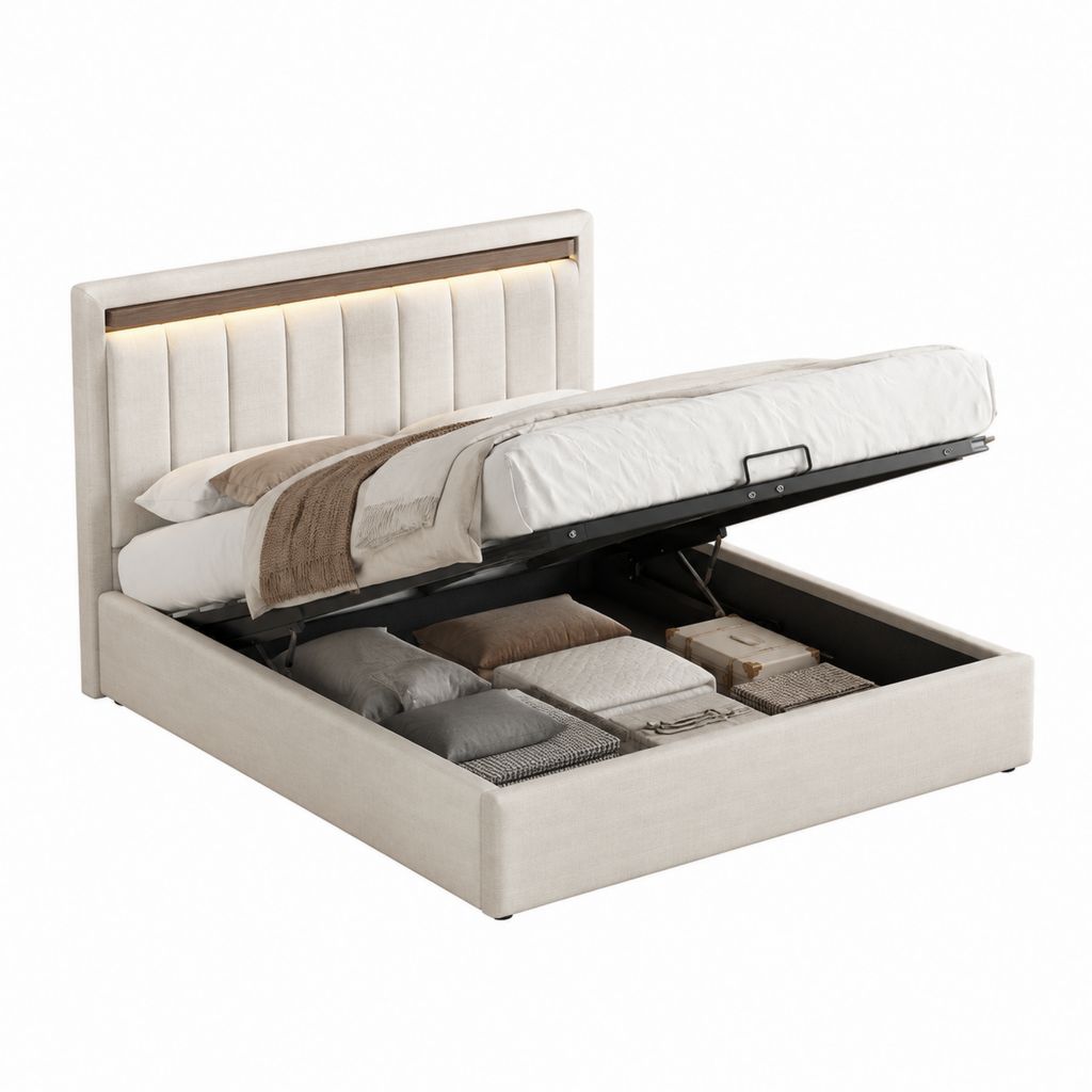 Stauraumbett Polsterbett Beige mit LED-Kopfteil Polyester 180 x 200 cm