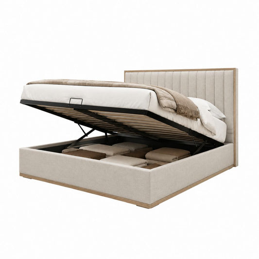 Stauraumbett 180 x 200 cm Beige mit Polyesterbezug Holzwerkstoffrahmen und Gasdruckfeder