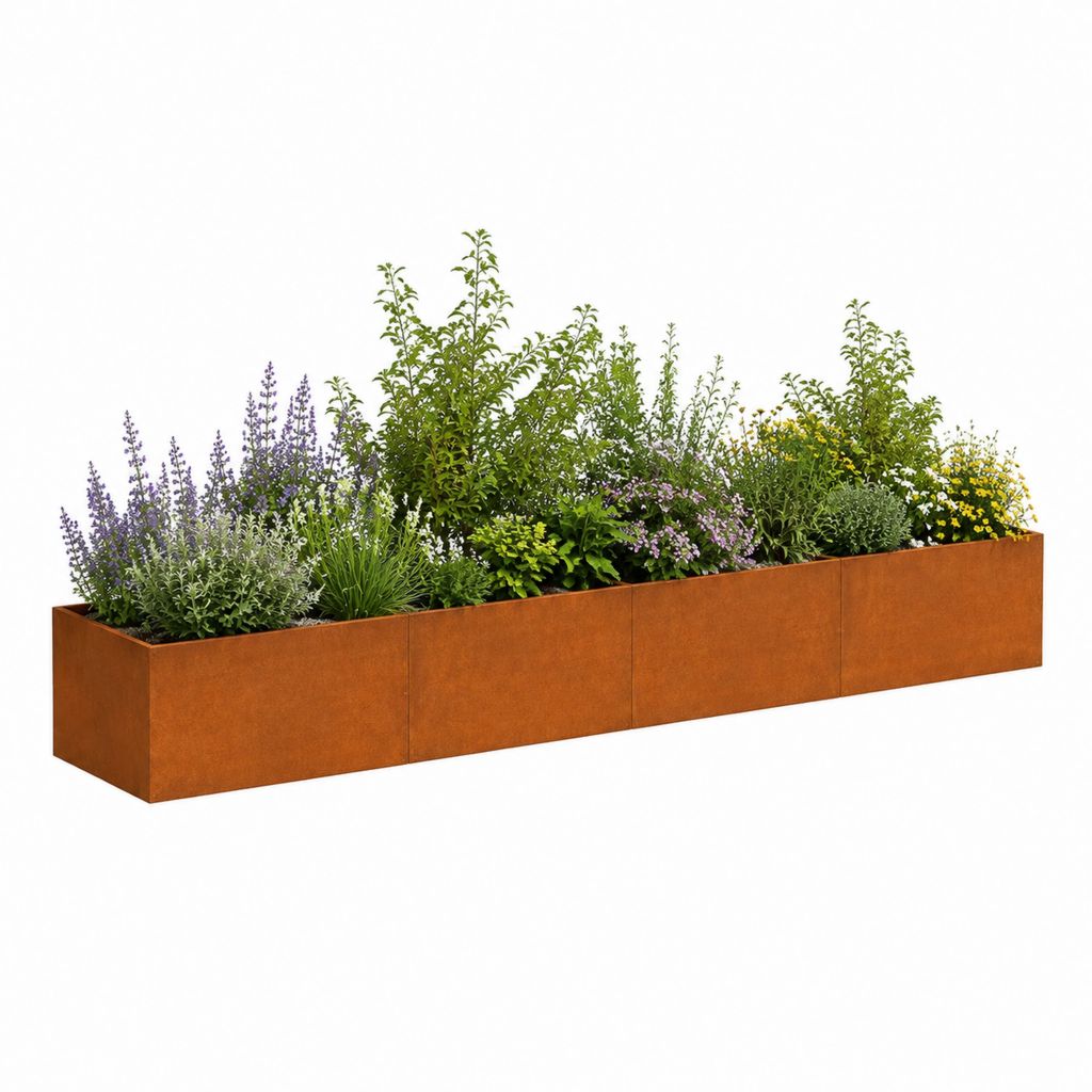 Pflanzkasten 4er-Set rostbraun aus Cortenstahl rechteckig 400 x 40 x 40 cm