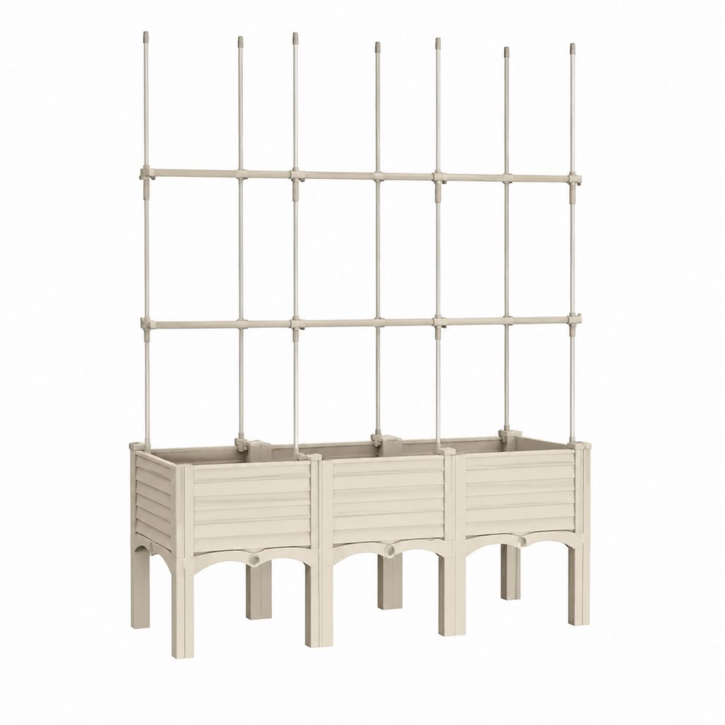 3er Set Hochbeet mit Rankgitter Beige PP 120 x 40 x 150 cm