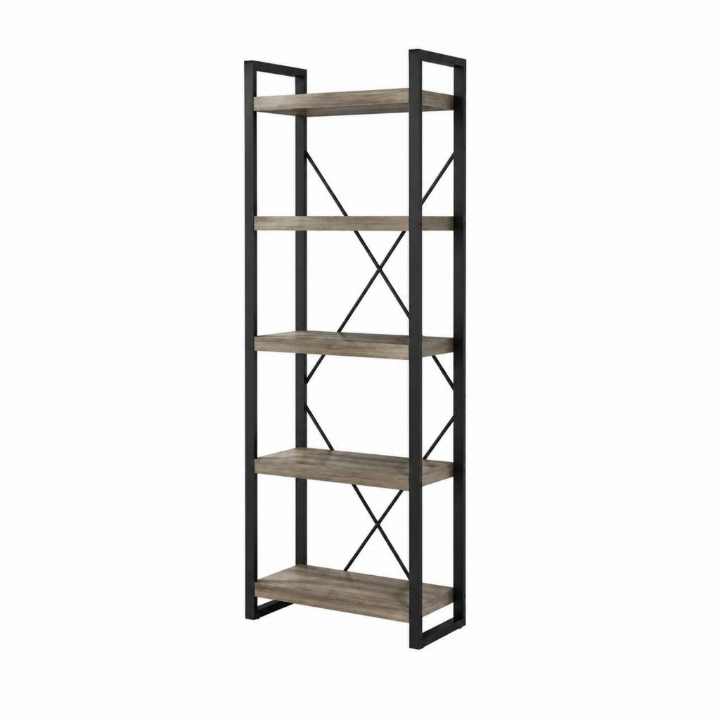 Bücherregal 5 Ebenen in Braun Schwarz aus MDF und pulverbeschichtetem Stahl 60 x 30 x 180 cm